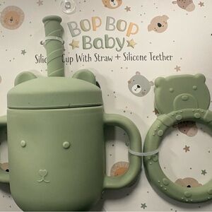 Bop Bop Baby Green Silicone Cup with Straw and Teether Set